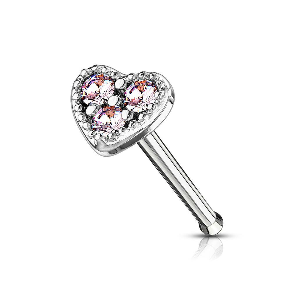 Steel Nose Stud Heart Crystals Pink PK