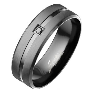 Black Steel - Finger Ring - Glanzstreif mit Kristall 66