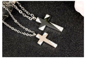 Stainless steel - necklace - cross with colored star and crystals