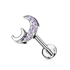 Steel - Labret - Crescent Moon with crystal