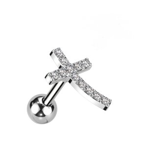 Stahl - Barbell - Tragus - Kreuz - Kristall Silber - CC