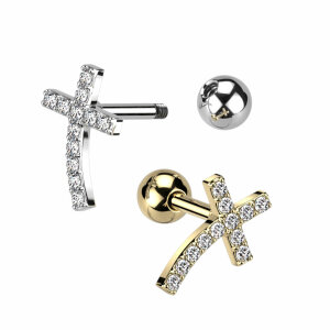 Steel - Barbell - Curved Cross Top- - CZ Paved Silver - CC