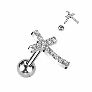 Stahl - Barbell - Tragus - Kreuz - Kristall Silber - CC