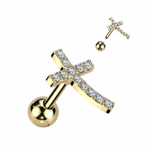 Steel - Barbell - Curved Cross Top- - CZ Paved Gold - CC