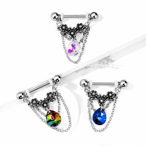 Stahl - Nipple Bar - Blume -  hängendem Tropfen - Kristall - hängende Ketten Aqua