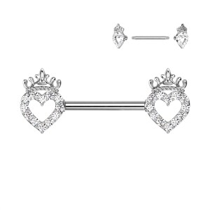 Steel - Nipple Bar - Heart with Crown - Crystal Steel