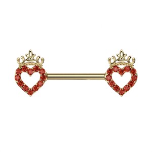 Steel - Nipple Bar - Heart with Crown - Crystal Gold