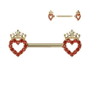 Steel - Nipple Bar - Heart with Crown - Crystal Gold