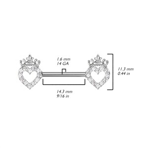 Steel - Nipple Bar - Heart with Crown - Crystal Gold