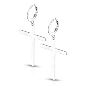 Steel -  Hoop Earrings- Cross - Dangle - Pair Silver