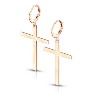 Steel -  Hoop Earrings- Cross - Dangle - Pair Rosegold