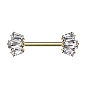 Stahl - Nipple Bar - Baguette Krone - Kristall Gold