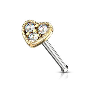 Steel - Nose Stud - Heart - Crystal Gold / CC - Crystal