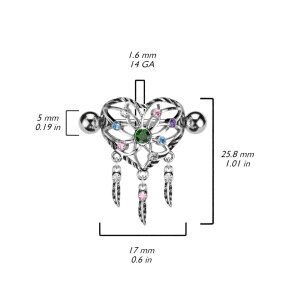 Stahl - Nipple Bar - Herz - Traumfänger - Ring - bunte Kristalle