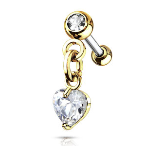 Steel - Barbell - Dangle Heart Zirconia - Tragus Gold -...