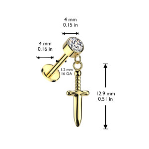 Titan - Labret - Innengewinde - Kristall - hängender Dolch  1,2 x 8 mm Silber CC