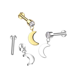 Titanium - labret - internal thread - crystal - hanging moon